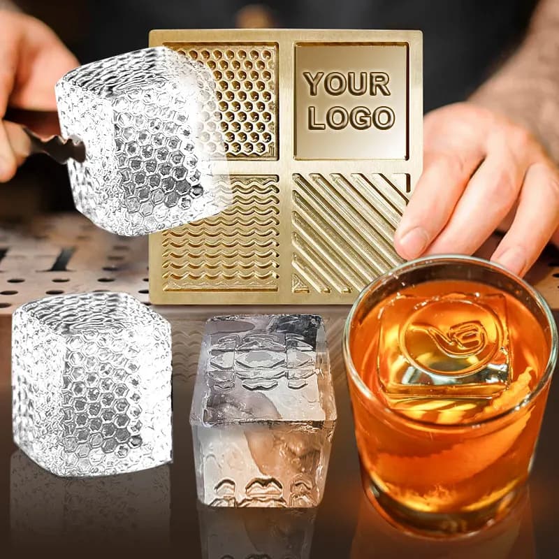 Custome Logo Ice Cube Plate Stamp Brass Iron Embossed Stamping 5/10cm Square Ice Mould Metal Pad for Bar Cocktails Whiskey Ice