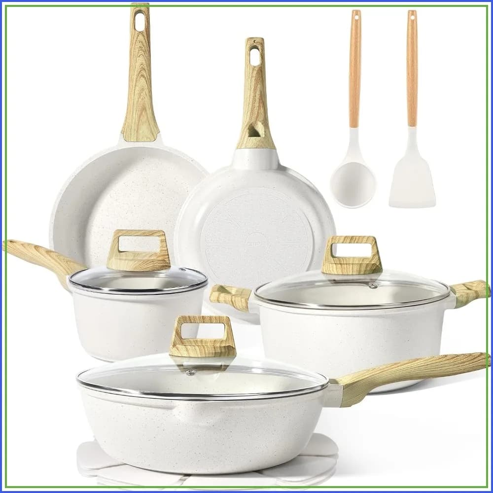 Set di Pentole e Padelle Antiaderenti - 14 Pezzi in Granito Bianco, Compatibile con Induzione, Include Padelle, Casseruole, Utensili in Silicone, Senza PFOS e PFOA
