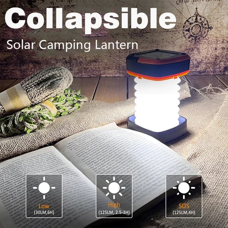 E2 Portable Camping Light Rechargeable Foldable LED Lantern Solar USB Charging,Hanging Flashlight,Power Bank,Outdoor,BBQ,Fishing