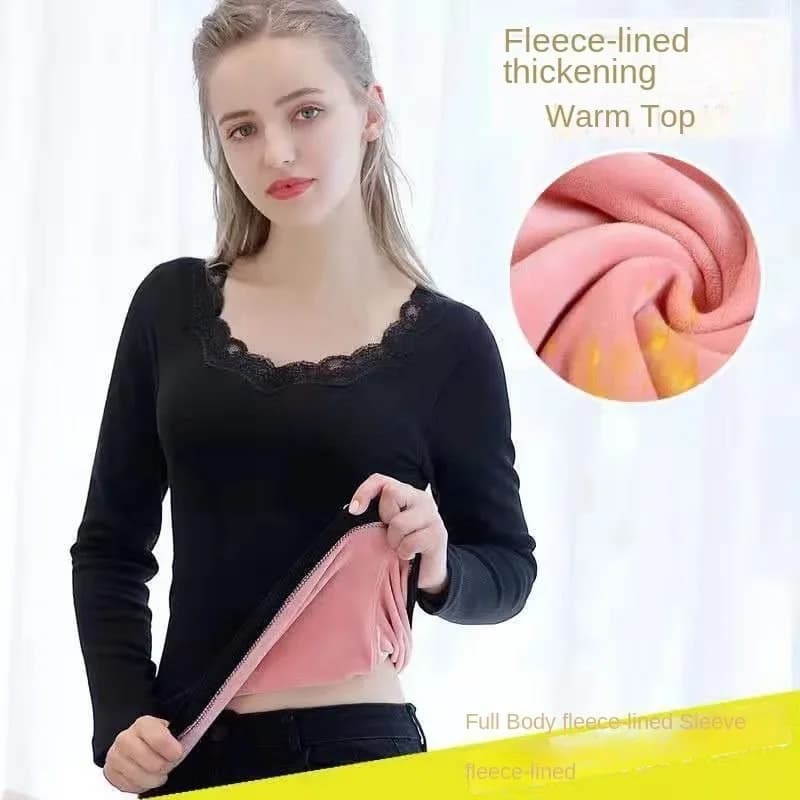 Nuova Maglia Termica in Pizzo per Donna, Intimo Termico Invernale con Collo a V e O, Top a Maniche Lunghe in Velluto Plus Size