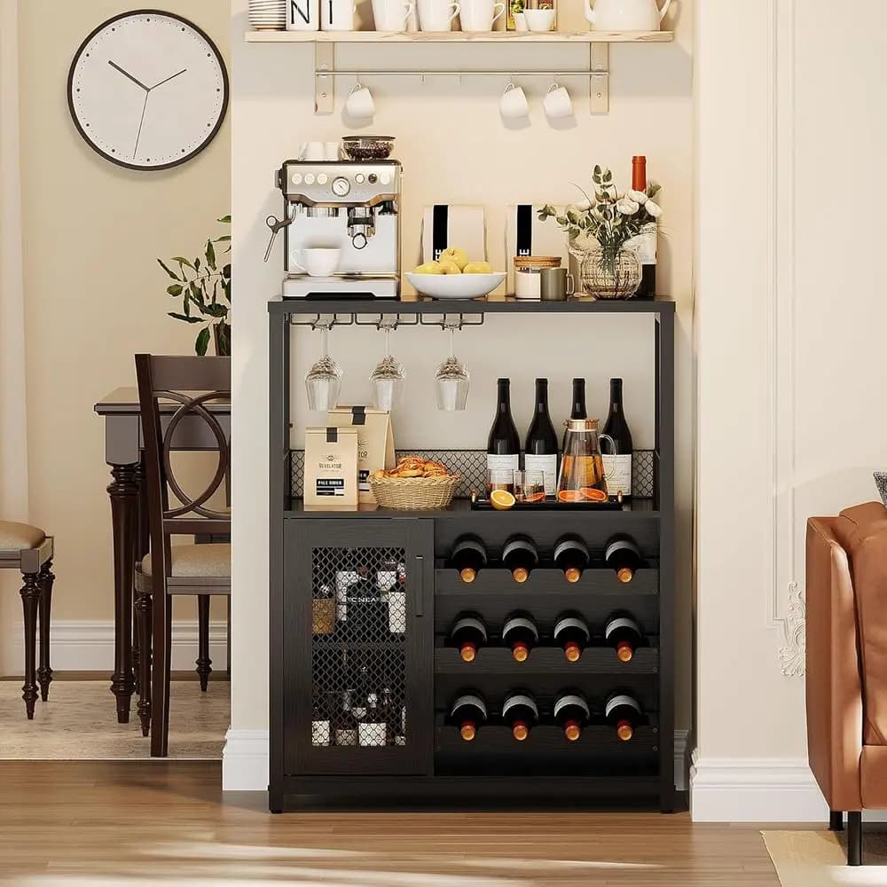 36 Black Wine Bar Cabinet with LED Lights, Mesh Door, Adjustable Glass Racks & 4 Removable Shelves for Liquor Storage