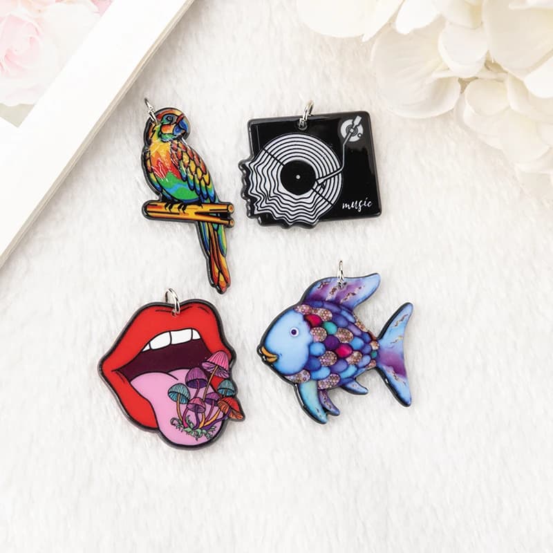 8Pcs Mushroom Lips Charms Acrylic Parrot Rainbow Fish Record Player For Keychain Pendant Necklace Diy Making