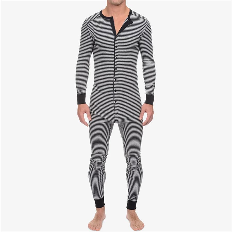 Pigiama a righe da uomo O-Collo Tuta da uomo Abbigliamento per la casa Manica lunga Pagliaccetti morbidi Maschile Indumenti da notte interi Indumenti da notte casual