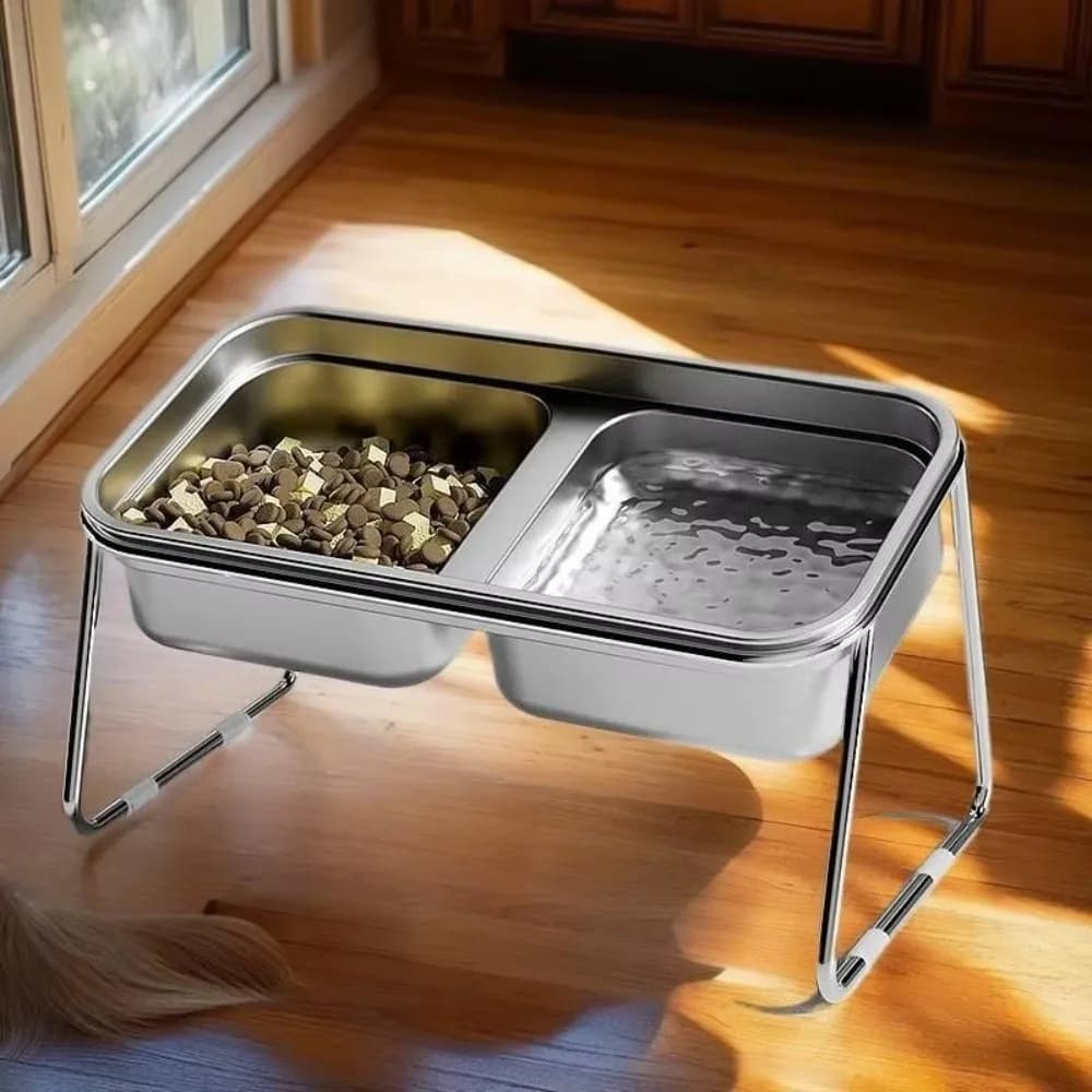 Stainless Steel Pet Feeding Bowl Double Compartment Non-Slip Base Cat Food Bowl Anti Overturning Slanted Pet Water Bowl For Pets