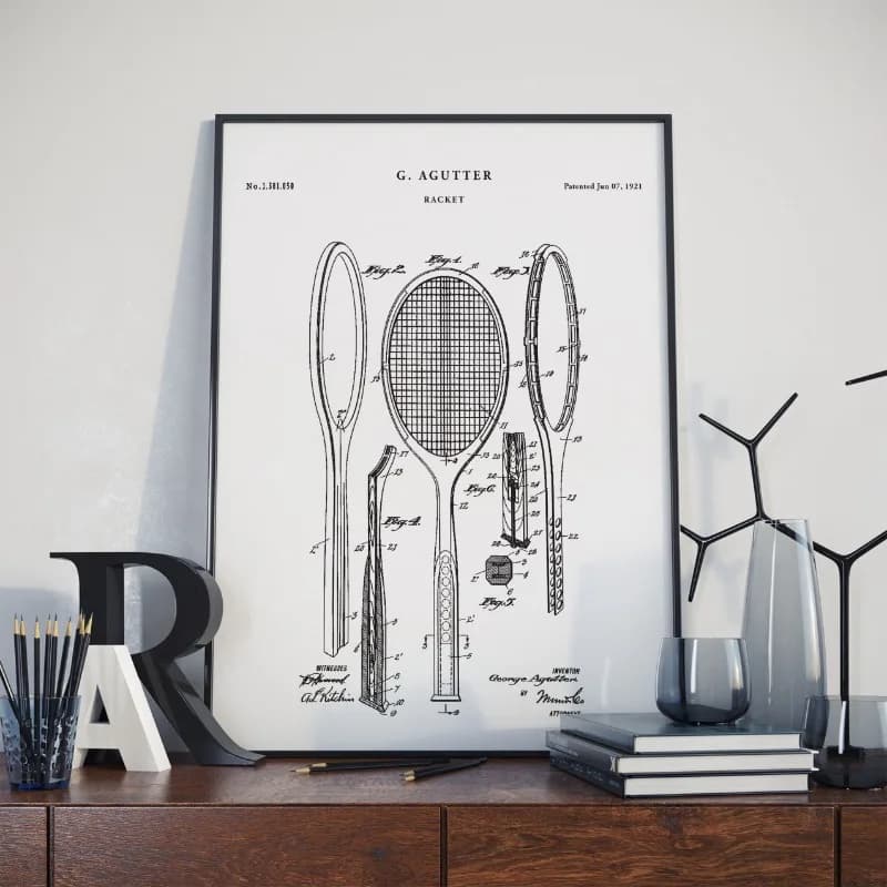 Poster e stampe di brevetti di racchette vintage del 1921 Pittura su tela da tennis retrò Immagine di arte della parete per la decorazione della casa del soggiorno