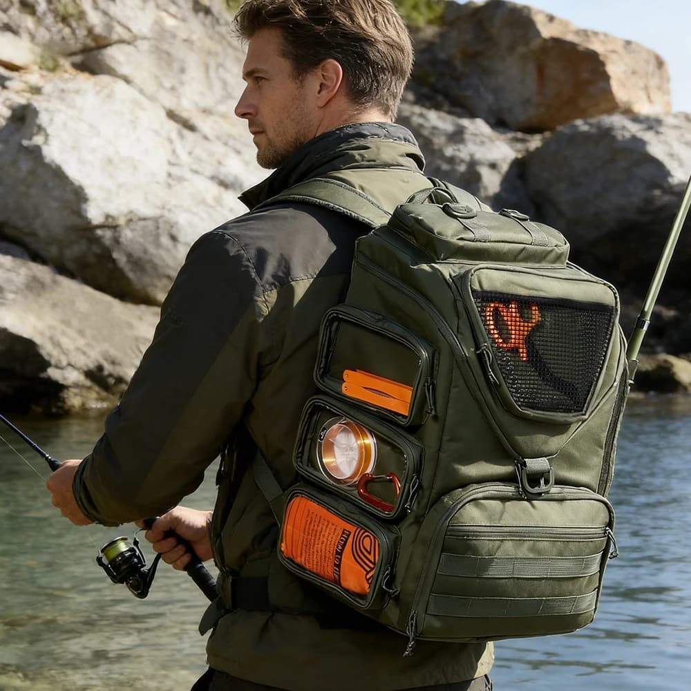 Zaino da Pesca 33L con 2 Portacanne, Resistente all'Usura, Tasca Trasparente in PVC per Esche, Multi-Tasca per la Pesca all'Aperto