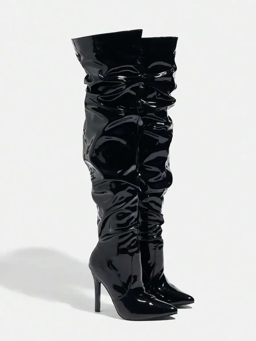 Black Patent Leather Pleated Over-The-Knee Stiletto Heel Boots