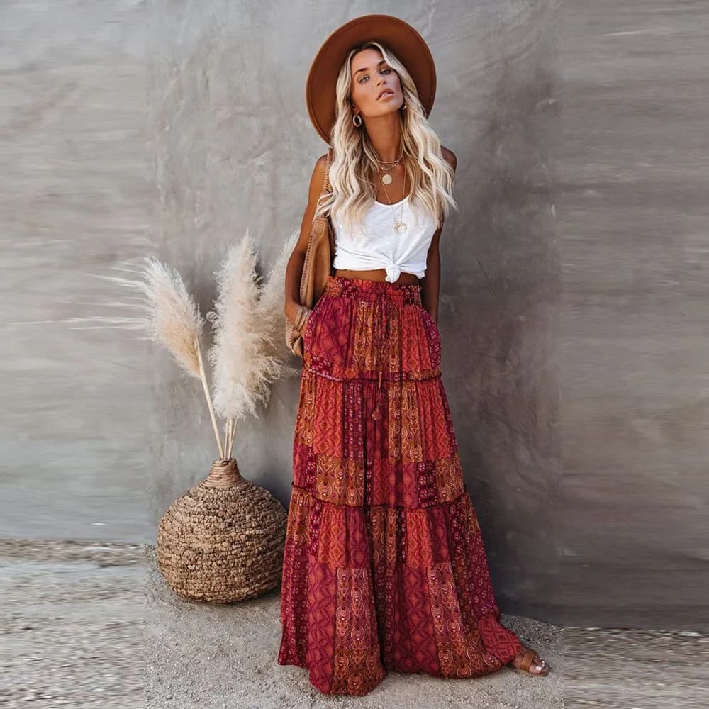 Gonna lunga da donna allentata Boho fiori vita alta elastica con tasche e cintura gonna lunga gonna a pieghe 2024 gonne da donna sexy estive