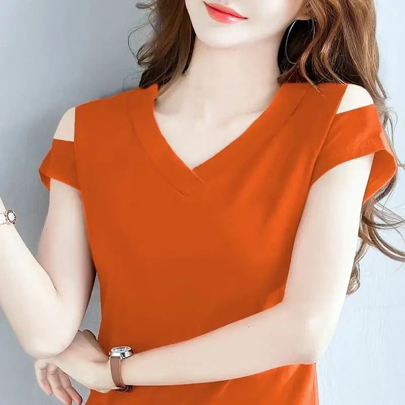 Magliette sottili estive a maniche corte pullover con scollo a v larghi Solid Simplicity Office Lady elegante nuovo abbigliamento Casual da donna 2023