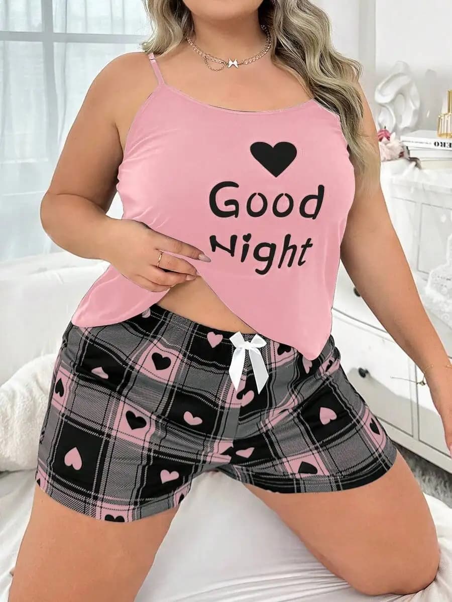 Heart Plaid Print Camisole And Shorts Pajama Set For Women