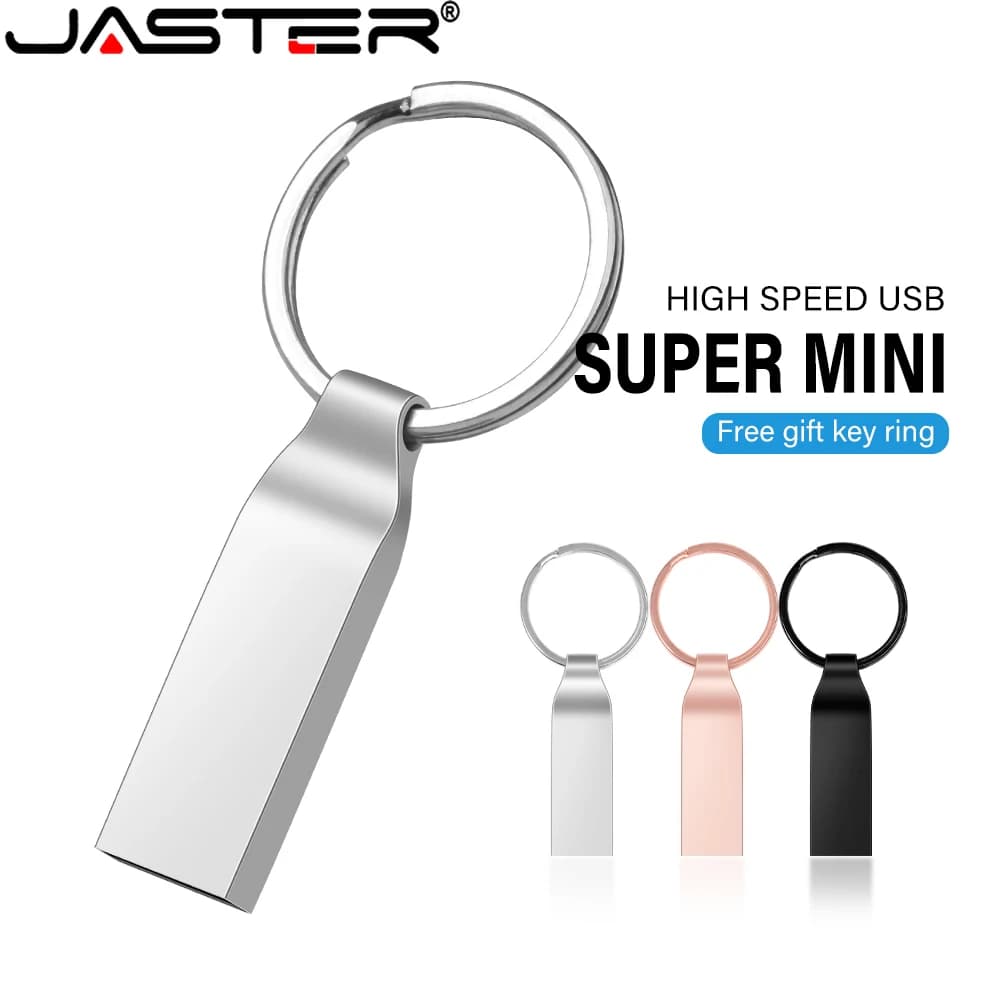 JASTER Pen Drive USB 2.0 in metallo da 64 GB 32 GB, impermeabile, colore argento, con portachiavi, regalo aziendale, memory stick da 16 GB 8 GB, U Disk