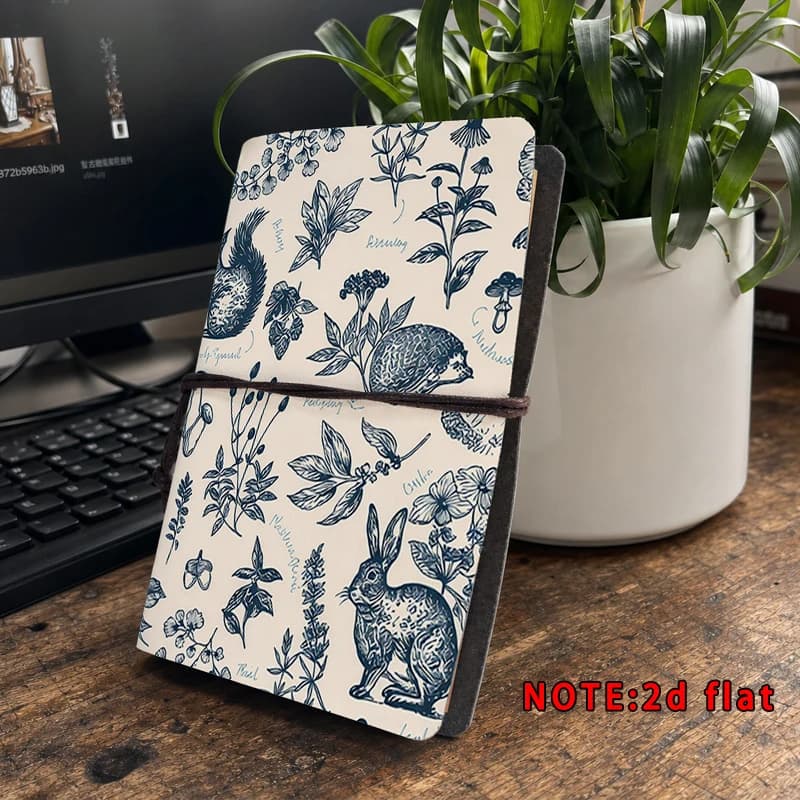 Vintage Botanical Print Notebook Rabbit Hedgehog Squirrel Pattern Journal Rope Bound Diary Travel Sketchbook Stationery Gift