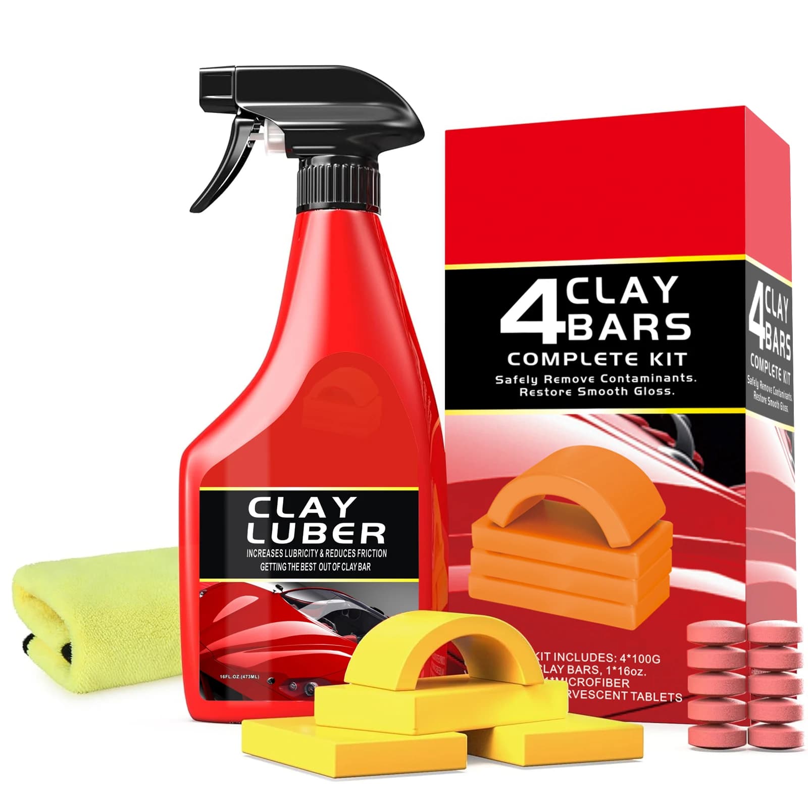 Kit di Argilla per Auto 4 Pezzi 100g con Lubrificante in Argilla 473ml, Panno in Microfibra e Pastiglie Crescent - Argilla per Dettagli Auto per Vernice