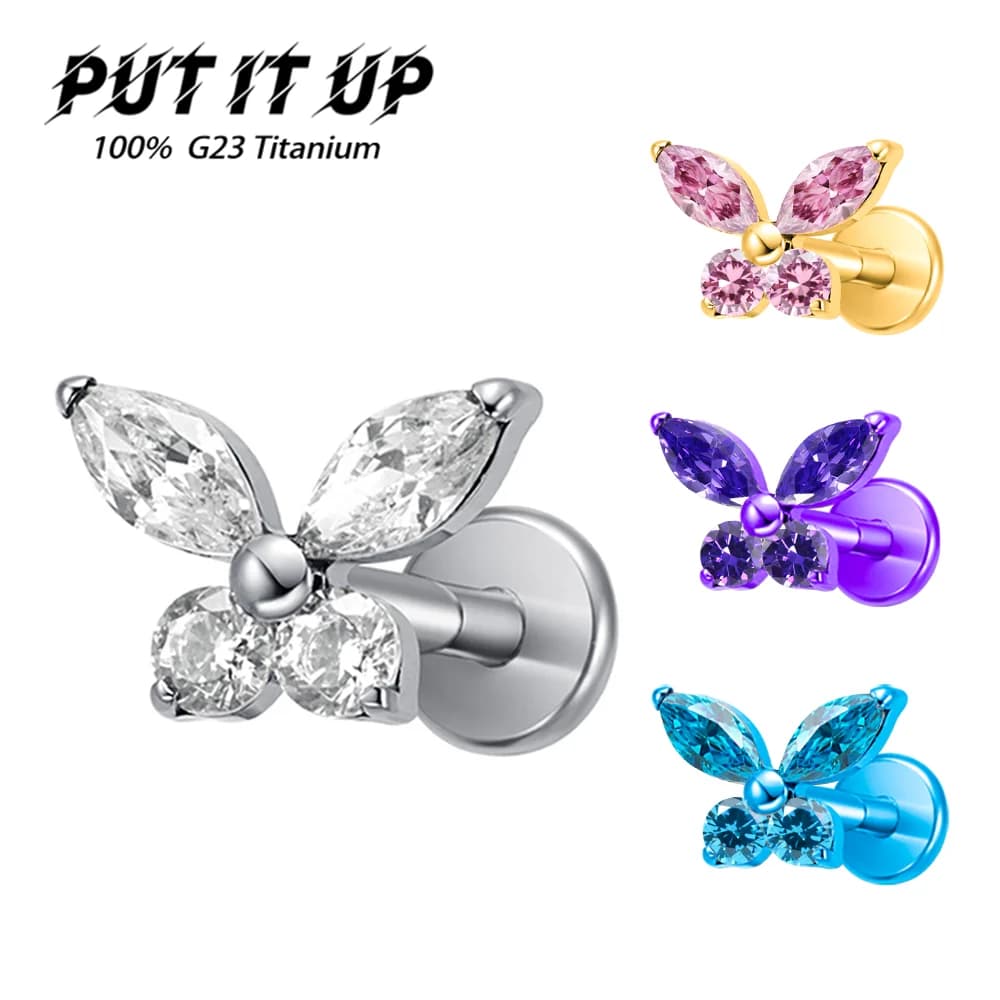 PUTITUP ASTM F136 Titanio Farfalla Orecchini con zirconi Stile rock punk Orecchio Osso Labbro Stud Gioielli penetranti per il corpo universali