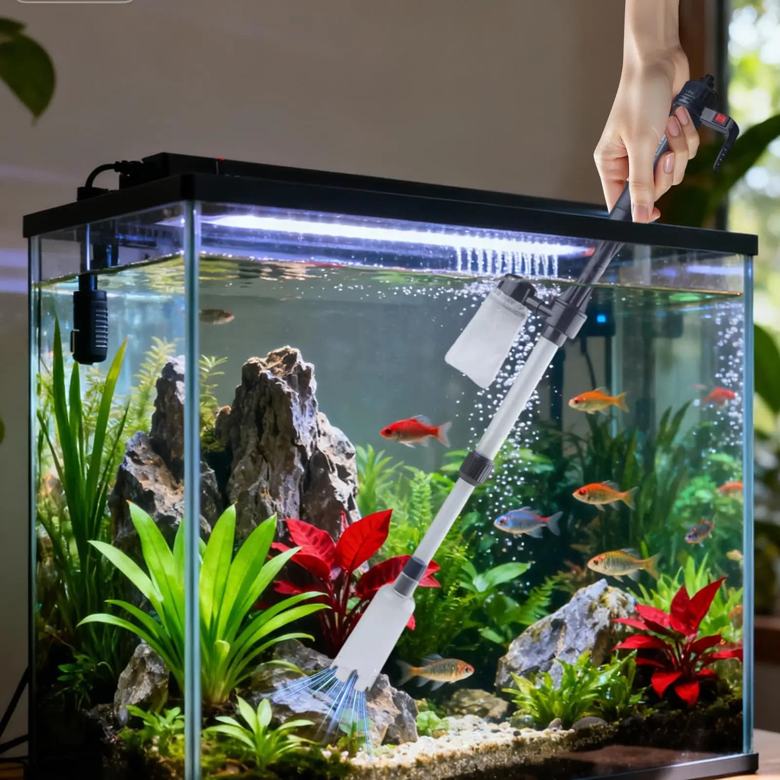 Aquarium Vacuum Gravel Cleaner Adjustable Telescopic USB Portable Fish Tank Water Vacuum Cleaner Tool for Office Apartment