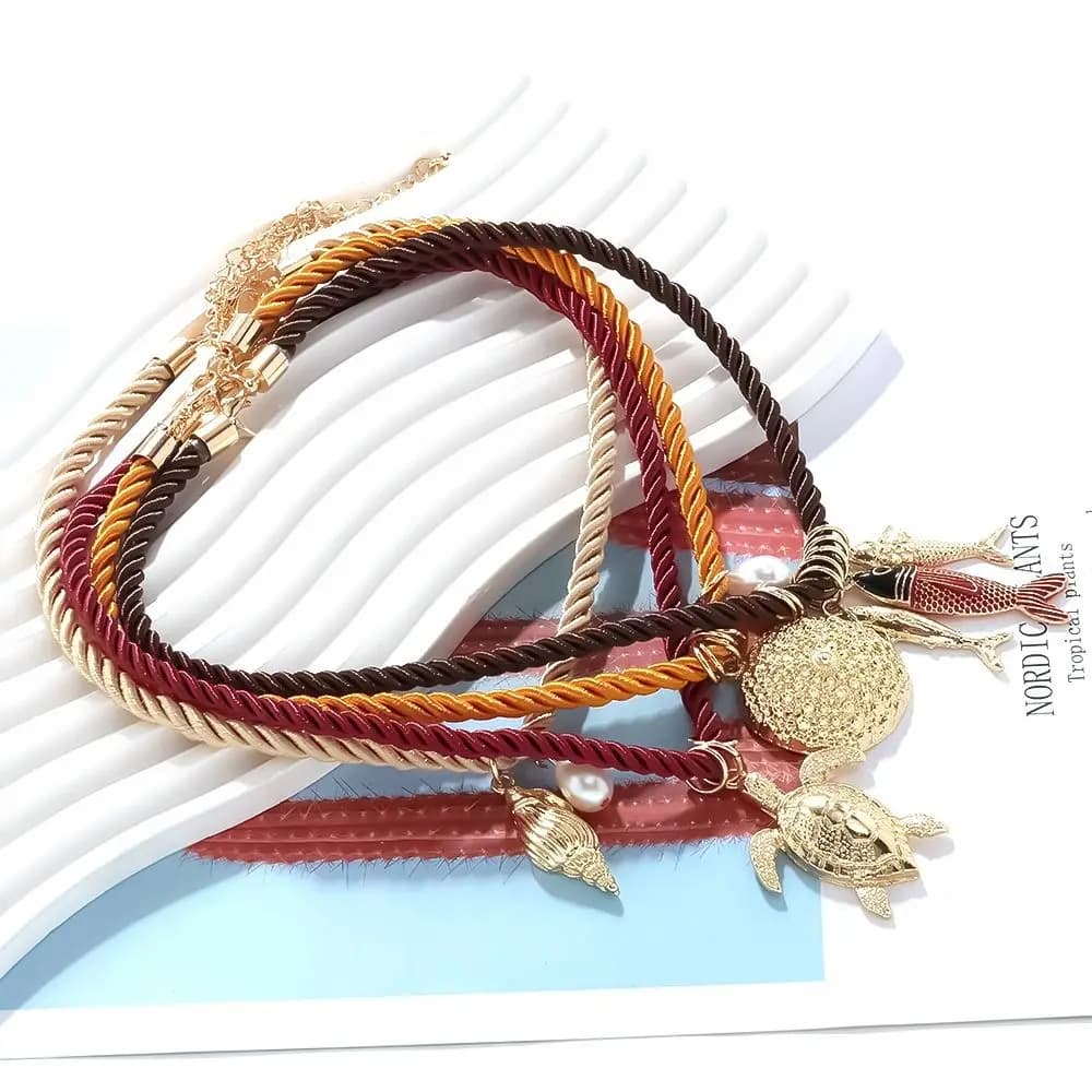 Ethnic Style Resin Flower Pendant Necklace Marine Organism Charms Necklace Set Nylon Rope Necklace Jewelry Accessories Hip Hop