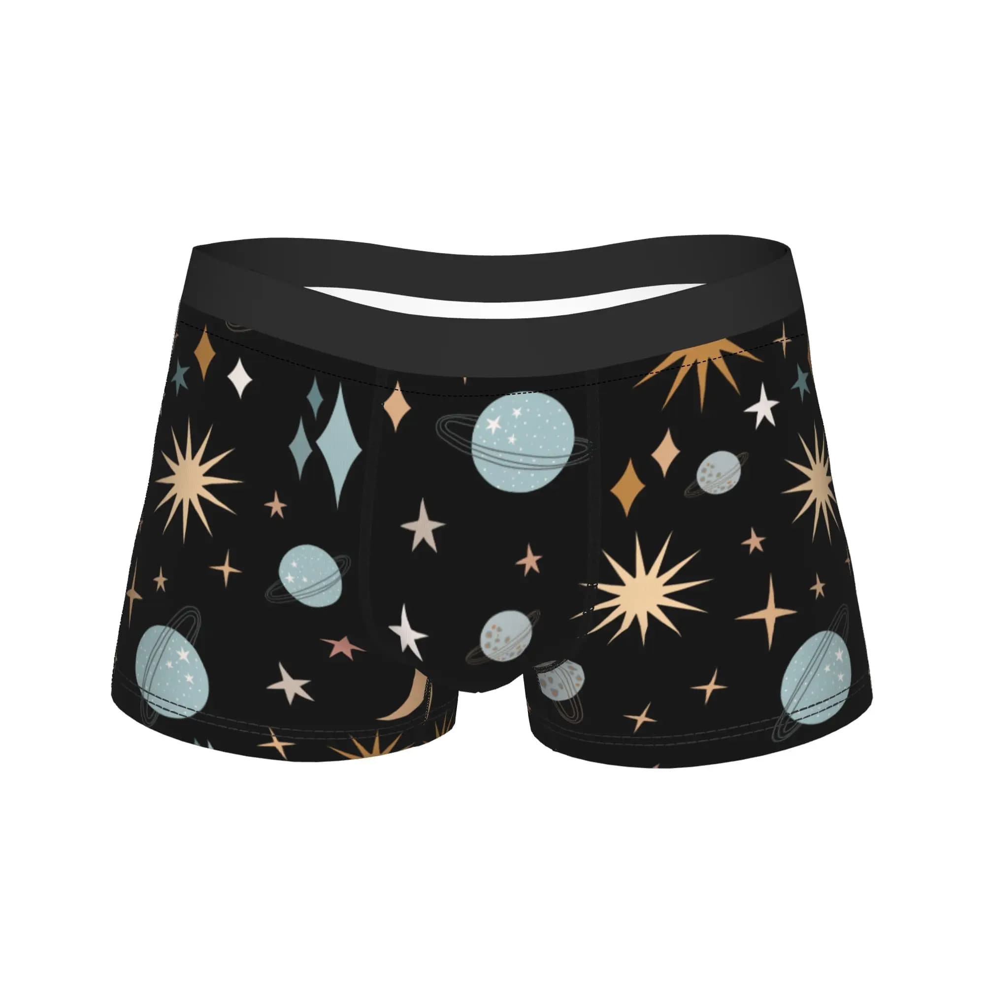 Men Galaxy Space Planets Pattern Long Underwear Fashion Boxer Briefs Shorts Panties Male Polyester Underpants Plus Size