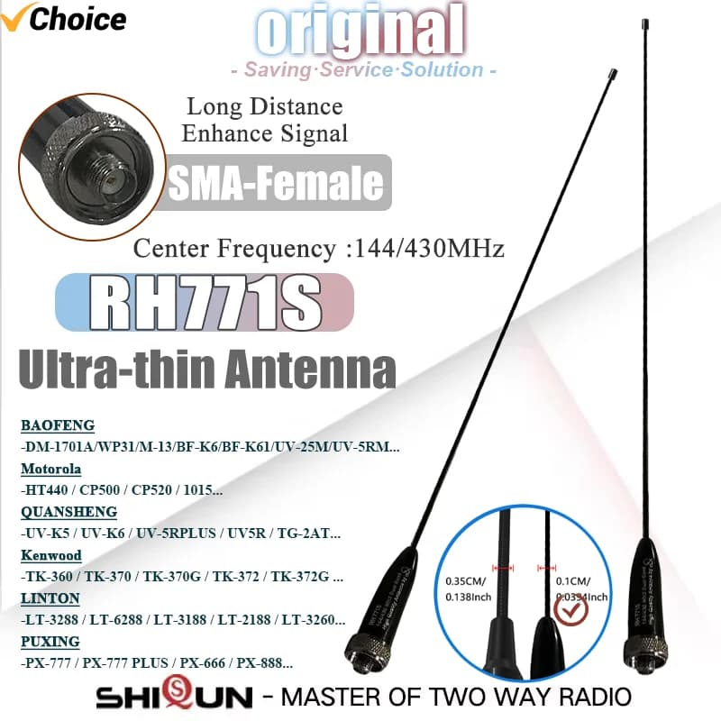 RH771S Walkie Talkie Antenna Antenna dual band ultrasottile 144/430 MHz a lunga distanza Migliora il segnale per Baofeng DM-1701A 5RM UV25M