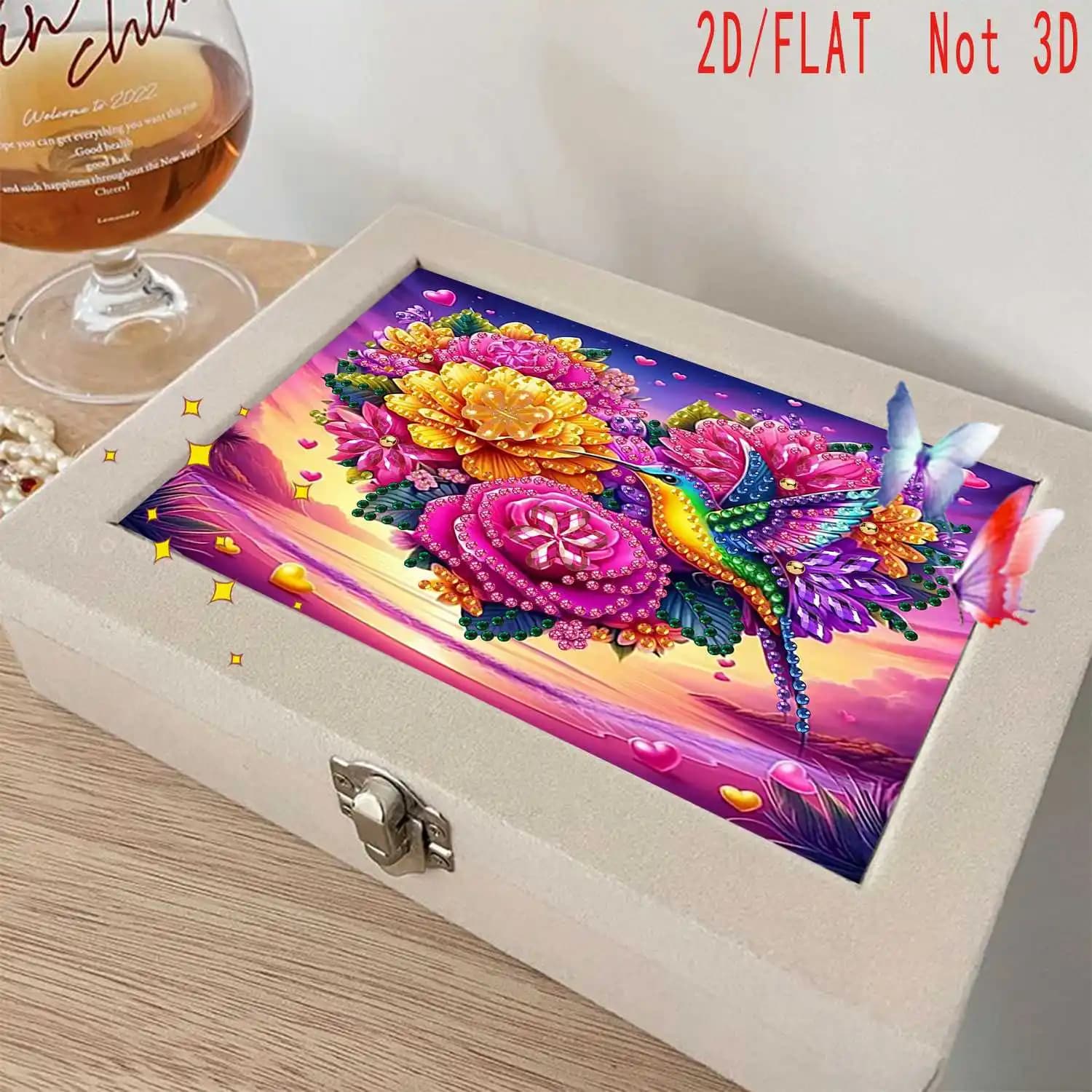 A new set of jewelry with colored DIY diamond painting, equipped with a colorful floral design and sparrow and a portable storage box.