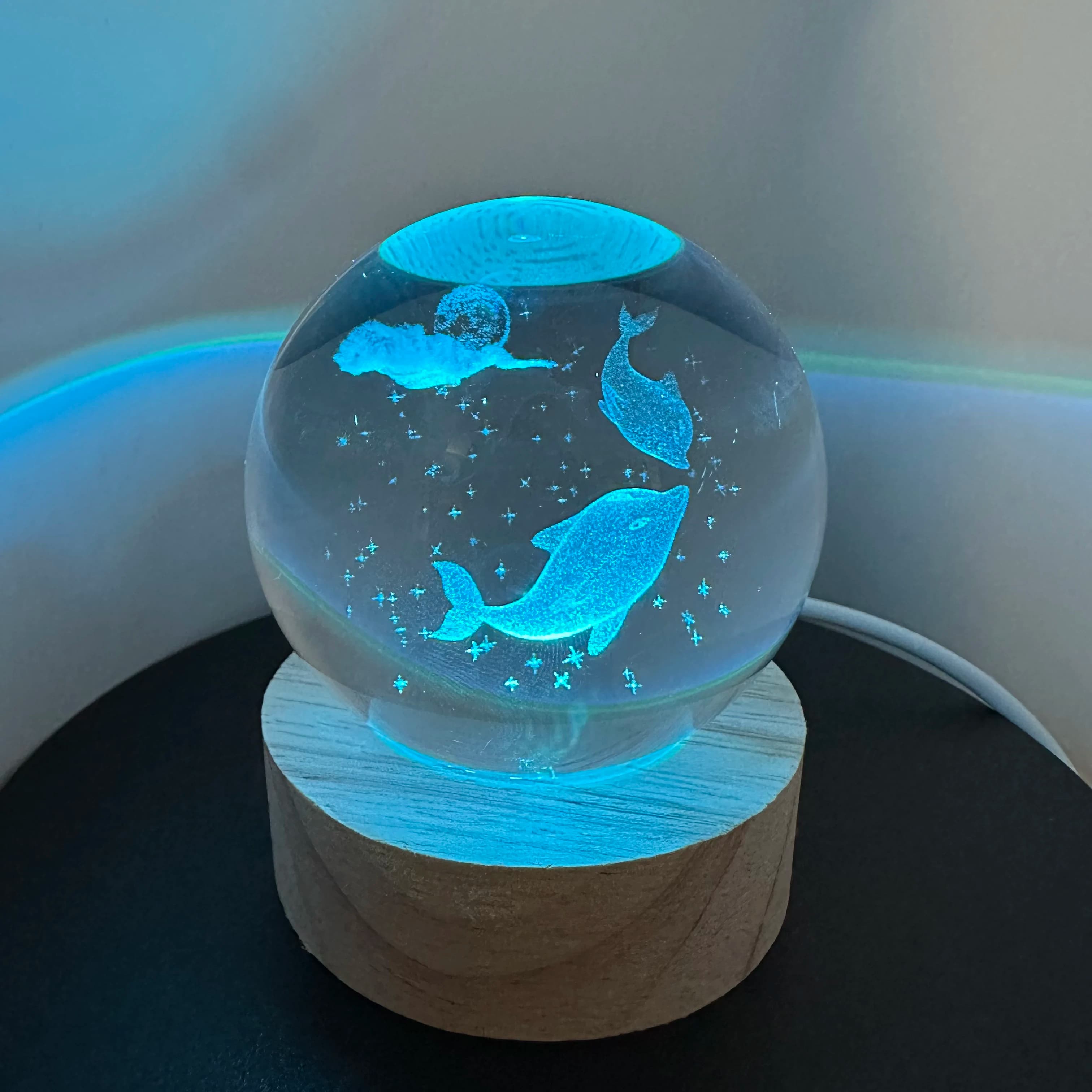 Luce notturna con sfera di cristallo delfino da 1 pezzo - Bagliore magico dell'oceano con illuminazione a LED Decorazione rilassante a tema mare Cristallo delfino incandescente