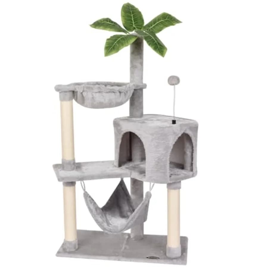 Albero per Gatti con Tiragraffi in Sisal, Cuccia e Giocattoli a Sfera per Gatti da Interno, con Amaca e Postazione per Gattini