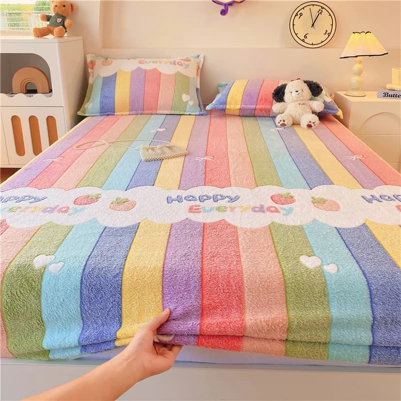 1pc Rainbow Sheets for the winter Warm Soft Flannel In Pile Mattress Protector Pluffy Coral Fleece Queen Housse draping sheet