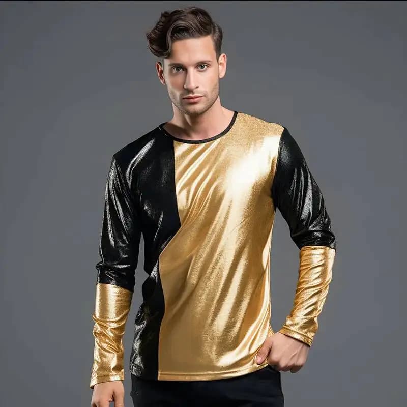 New Winter Autumn T-shirt And Men's Punk Nightclub Bright Face Color Blocked Round Neck Long Sleeved T-shirt Men's Party