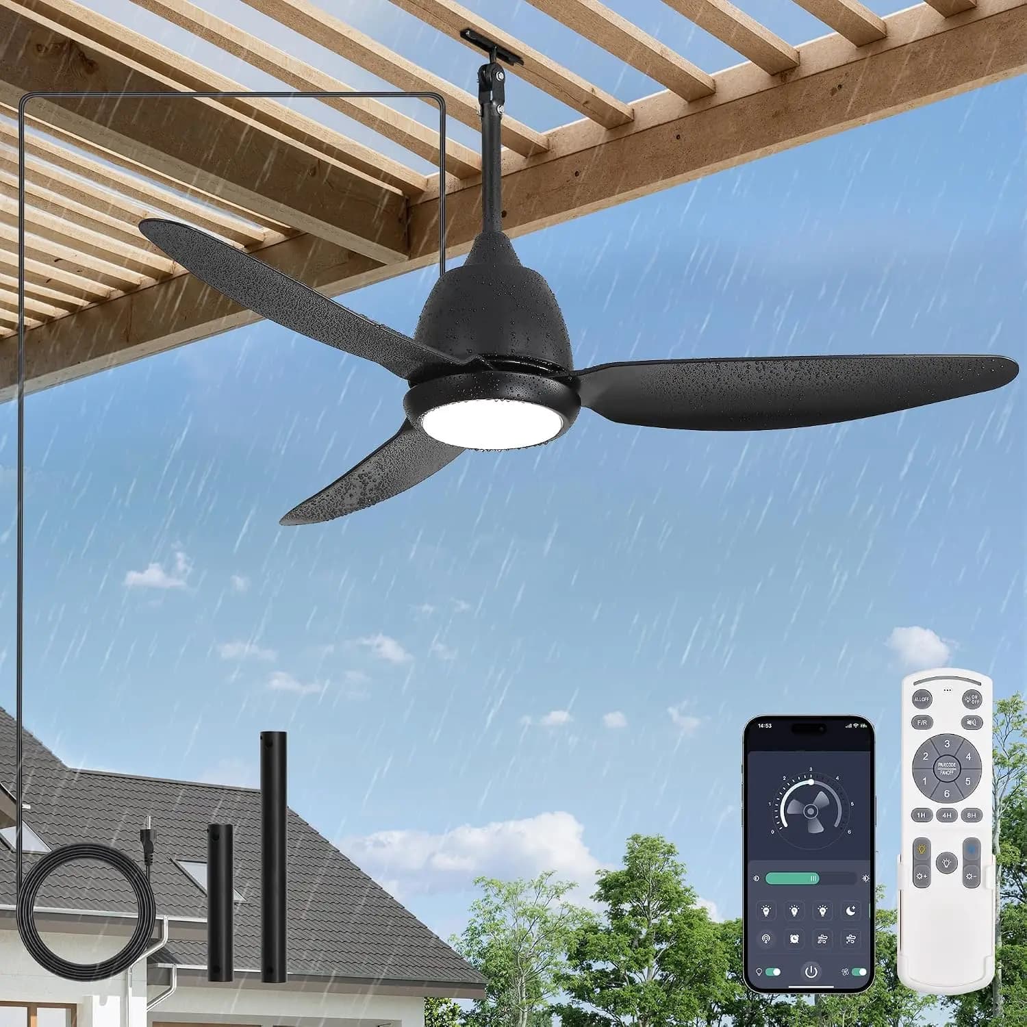 42" Outdoor Ceiling Fan with Light, IP65 Waterproof, Plug in with 10FT Cord, Smart APP & Remote, 6-Speed Reversible DC Motor, 3CCT Dimmable LED for Patio Porch