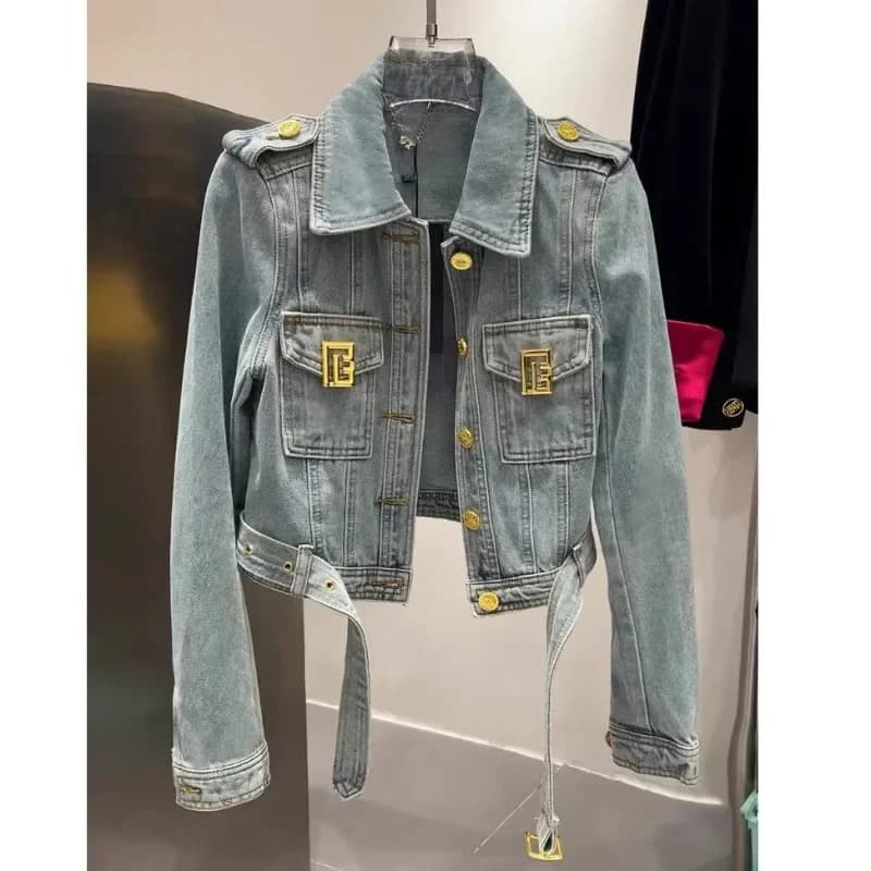 Merci europee piccolo vento profumato Ocean Air Gold Buckle cappotto corto in Denim donna 2025 Spring Design Sense Small Lace-up Top Tide