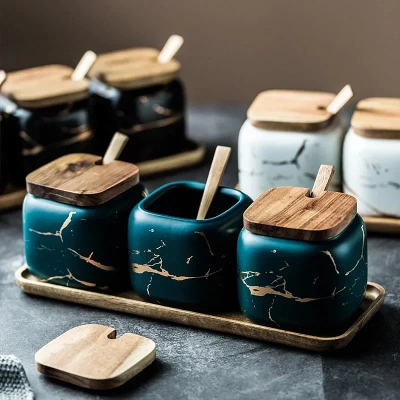 Wooden Cover Creative Nordic Style Marble Pattern Ceramic Kitchen Seasoning Tank Set Salt Shaker Spice Jar Kitchen Accessories