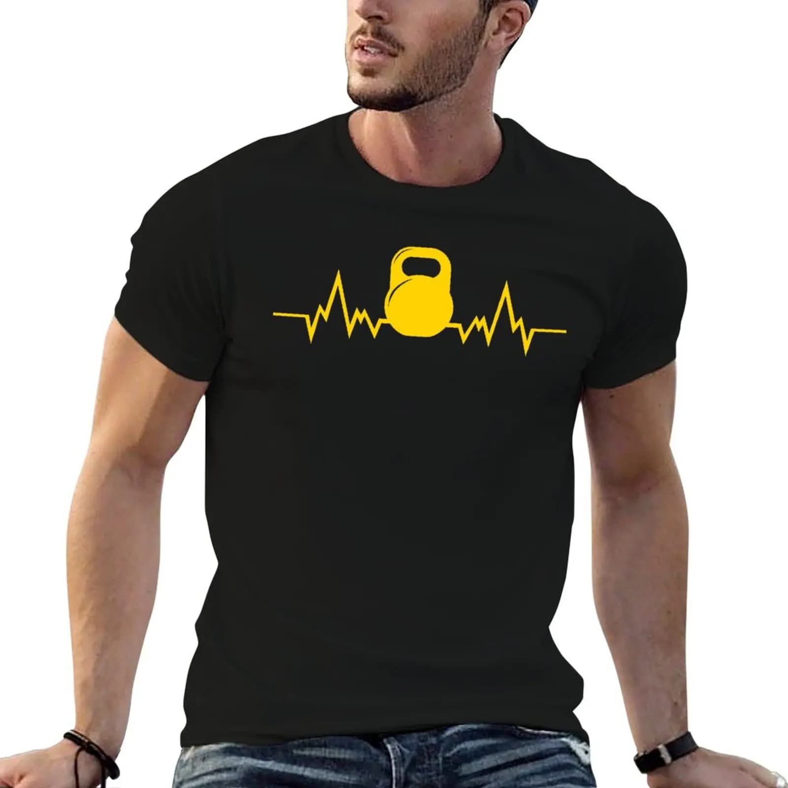 Weightlifting Kettlebell Heartbeat Exercise T-Shirt t shirt man cotton cotton t shirt pack man t shirt summer T-shirt