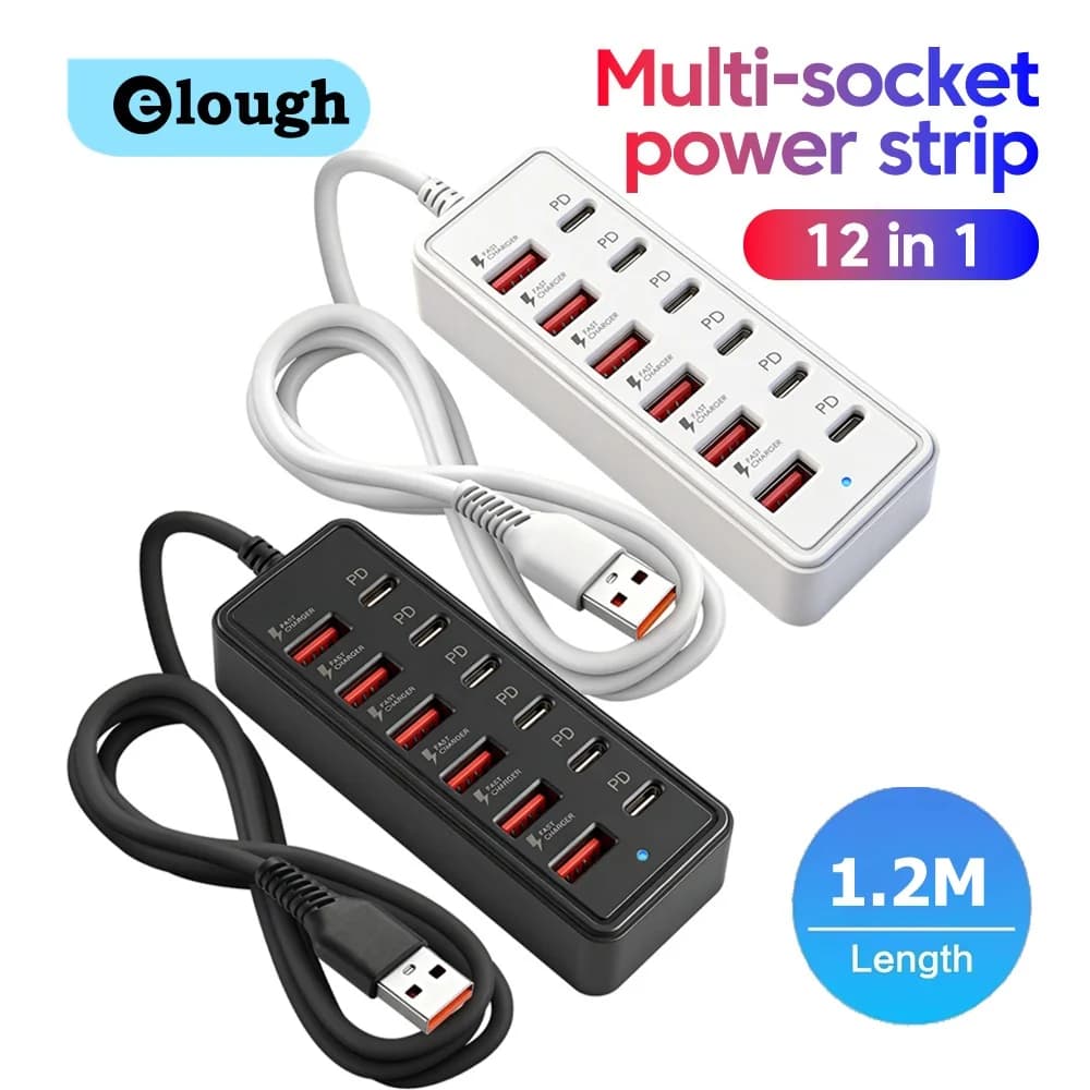 Multi-socket Power Strip 12 in 1 Desktop Charging Station USB Electrical Socket Adapter 6USB+6Type C HUB Charger With USB Cable