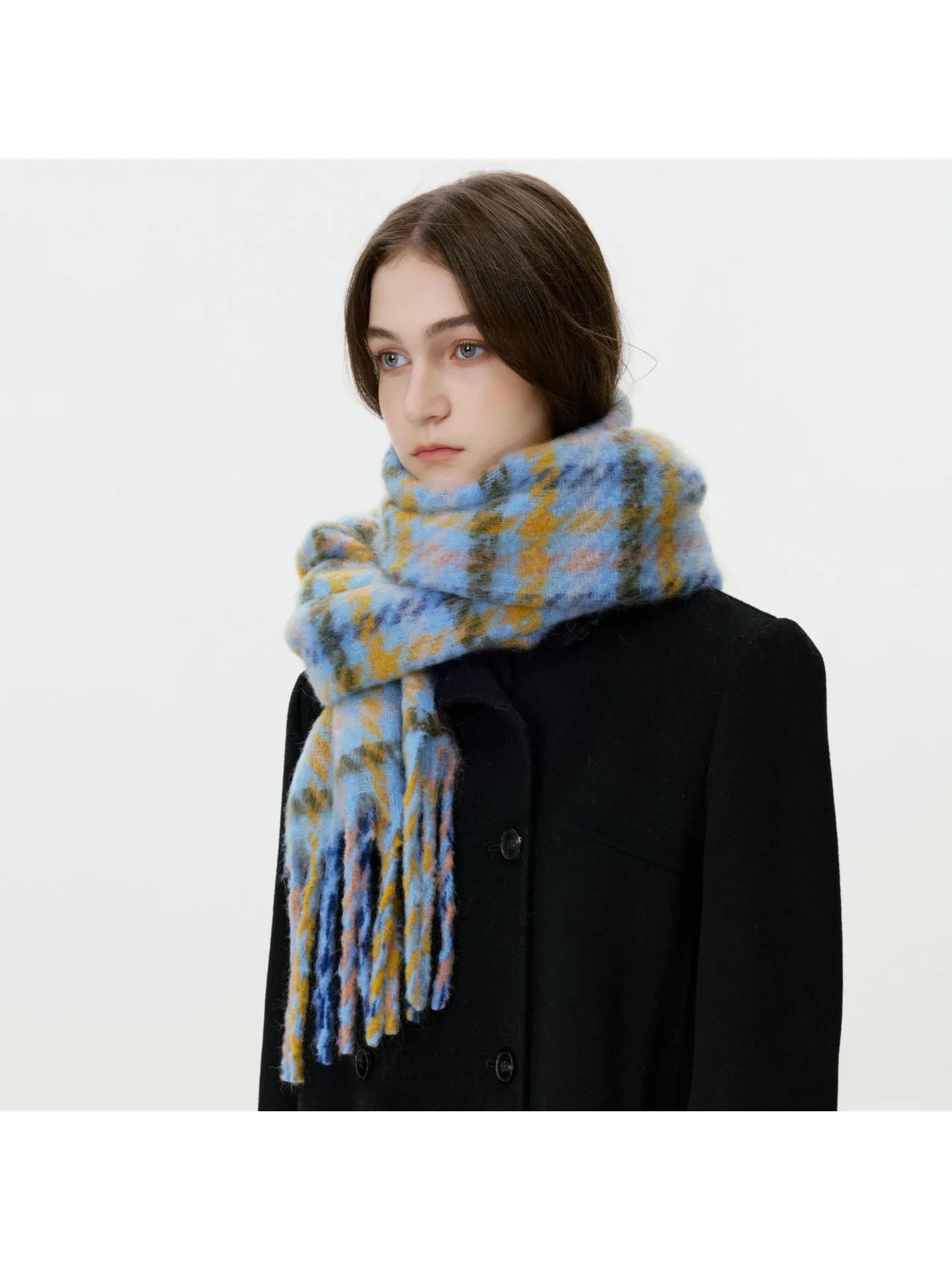 Simple brushed plaid checkered scarf shawl for women in winter, imitation mohair fringed warm neck warmer
