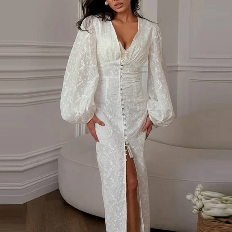 Flower Embroidery Deep V Banquet Dress Spring Summer Vacation Long Sleeve Women's Dress Simple Solid Color Commuter A-line Dress