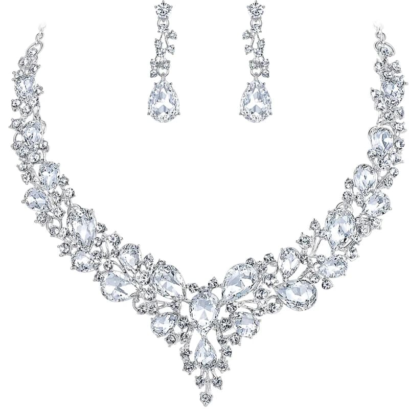 Women's Wedding Bridal Austrian Crystal Teardrop Cluster Statement Necklace Dangle Earrings Jewelry Set