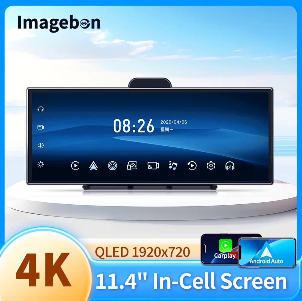 Imagebon H70K 11.4 "4K Dashcam Wireless CarPlay e Android Auto Doppia Registrazione WiFi Navigazione GPS AI Voce Visione Notturna Auto DVR