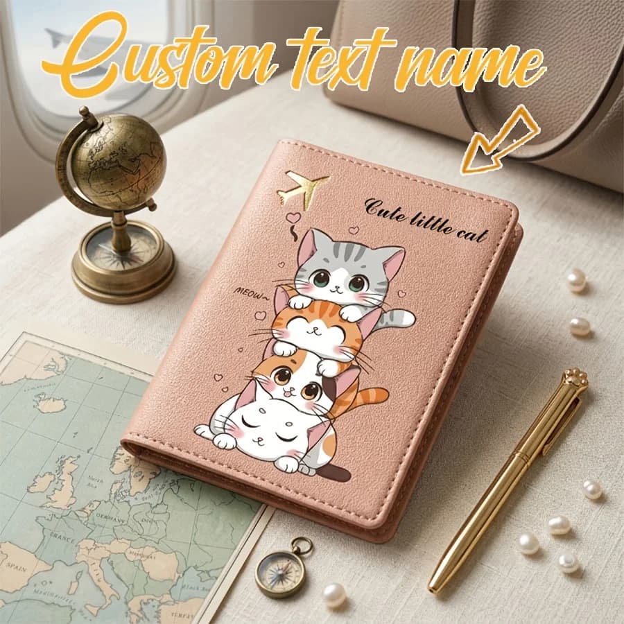 A Personalized Text and Name Pattern Passport Cover, PU Passport Holder for Men and Women, Cute Cat Design Travel Passport Case
