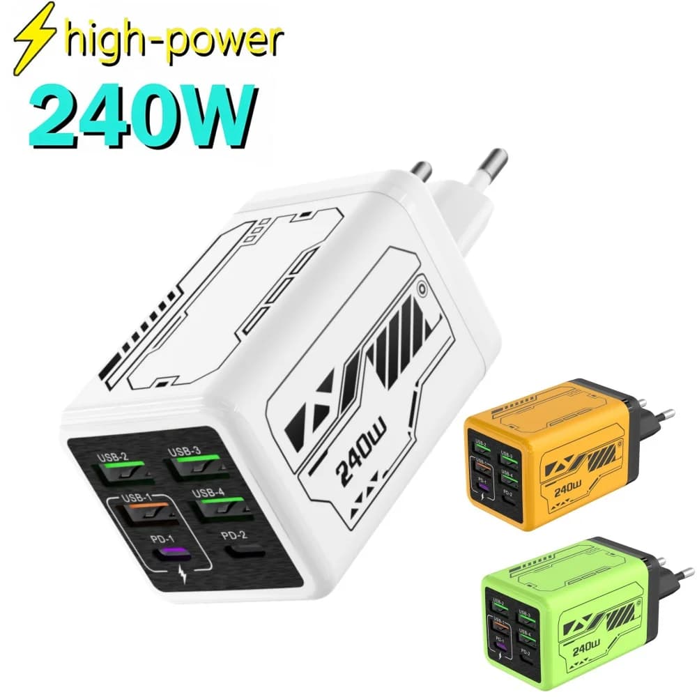Caricatore USB a 6 Porte da 240W, Adattatore da Muro per Ricarica Rapida PD per iPhone Samsung Xiaomi, Caricatore con Spina EU/US/UK, Ricarica Rapida 3.0