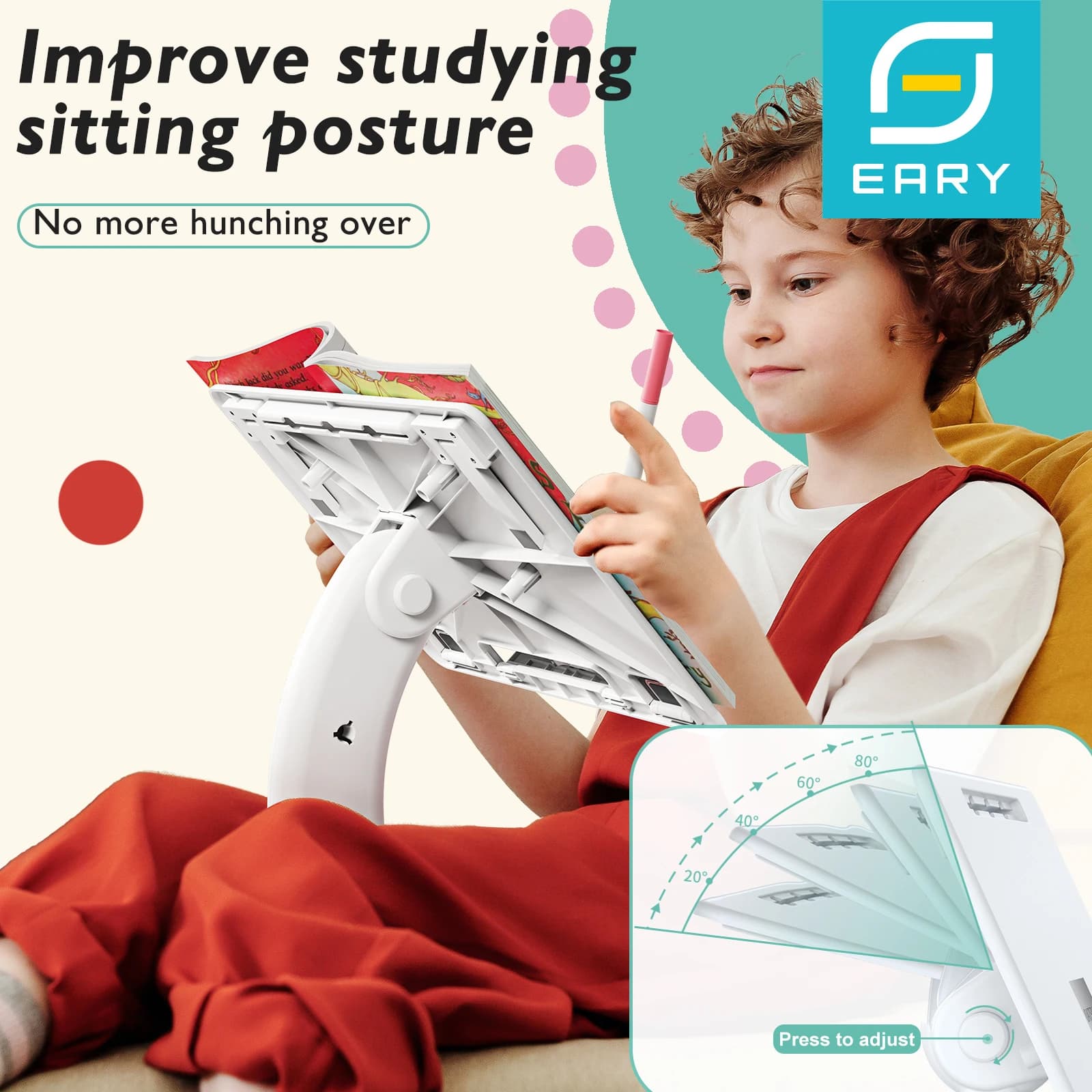 Supporto per libri per l'orecchio per la lettura Supporto per laptop con base stabile Espositore per graffette per pagine elastiche per libri di cucina Riviste Tablet