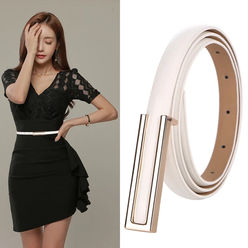 Fashionable skinny patent leather women's belt, elegant slim belt with gold alloy buckle for dresses