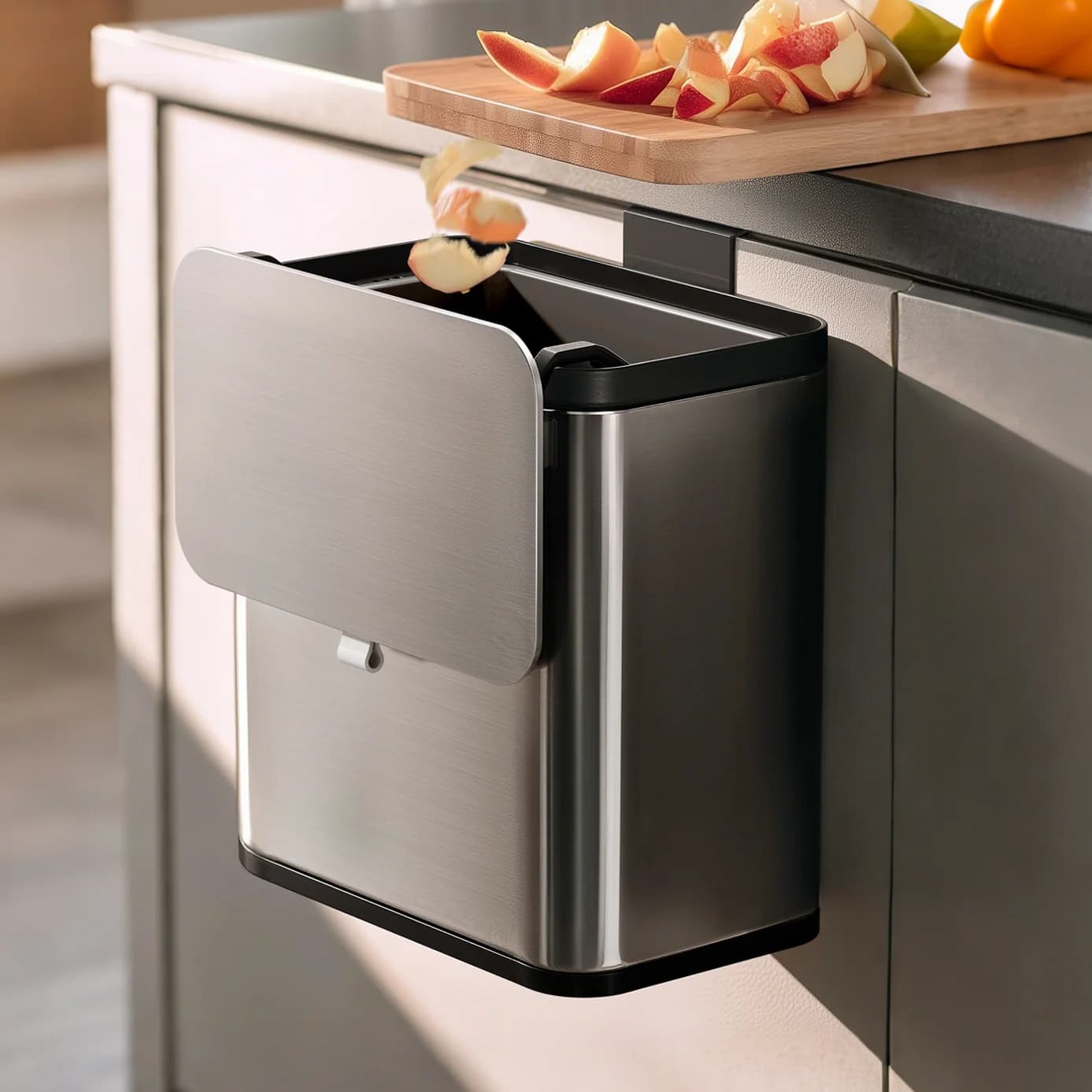 Cestino per Rifiuti in Acciaio Inox per Cucina e Bagno, Montaggio a Parete Senza Foratura, Contenitore Appendibile per Armadio, Uso Domestico