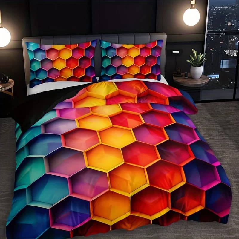 Set copripiumino scozzese a rombi a colori sfumati da 3 pezzi 1 copripiumino + 2 federe senza inserto per cuscino Biancheria da letto con stampa HD per la casa