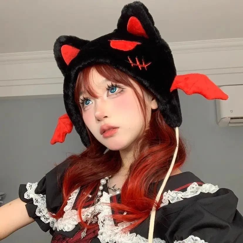 Kawaii Japanese Girl Hat Harajuku Cat Ear Caps Y2K Gothic Punk Autumn Warm Lace Demon Wing Kniined Hat Keep Warm Beanie