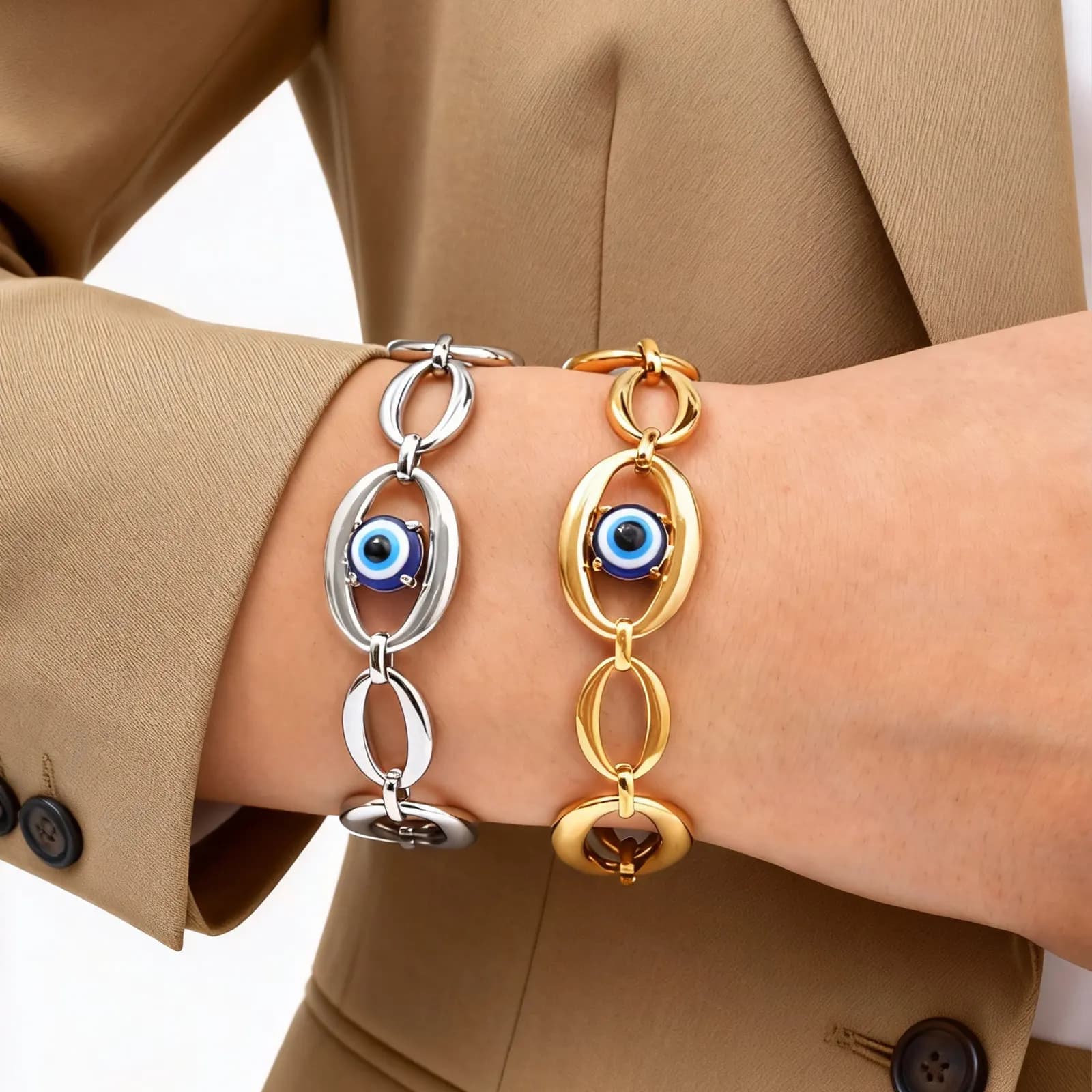 Distintivo braccialetto ellittico Devil's Eye da donna, braccialetti a catena fatti a mano in acciaio inossidabile, regalo di gioielli portafortuna minimalista