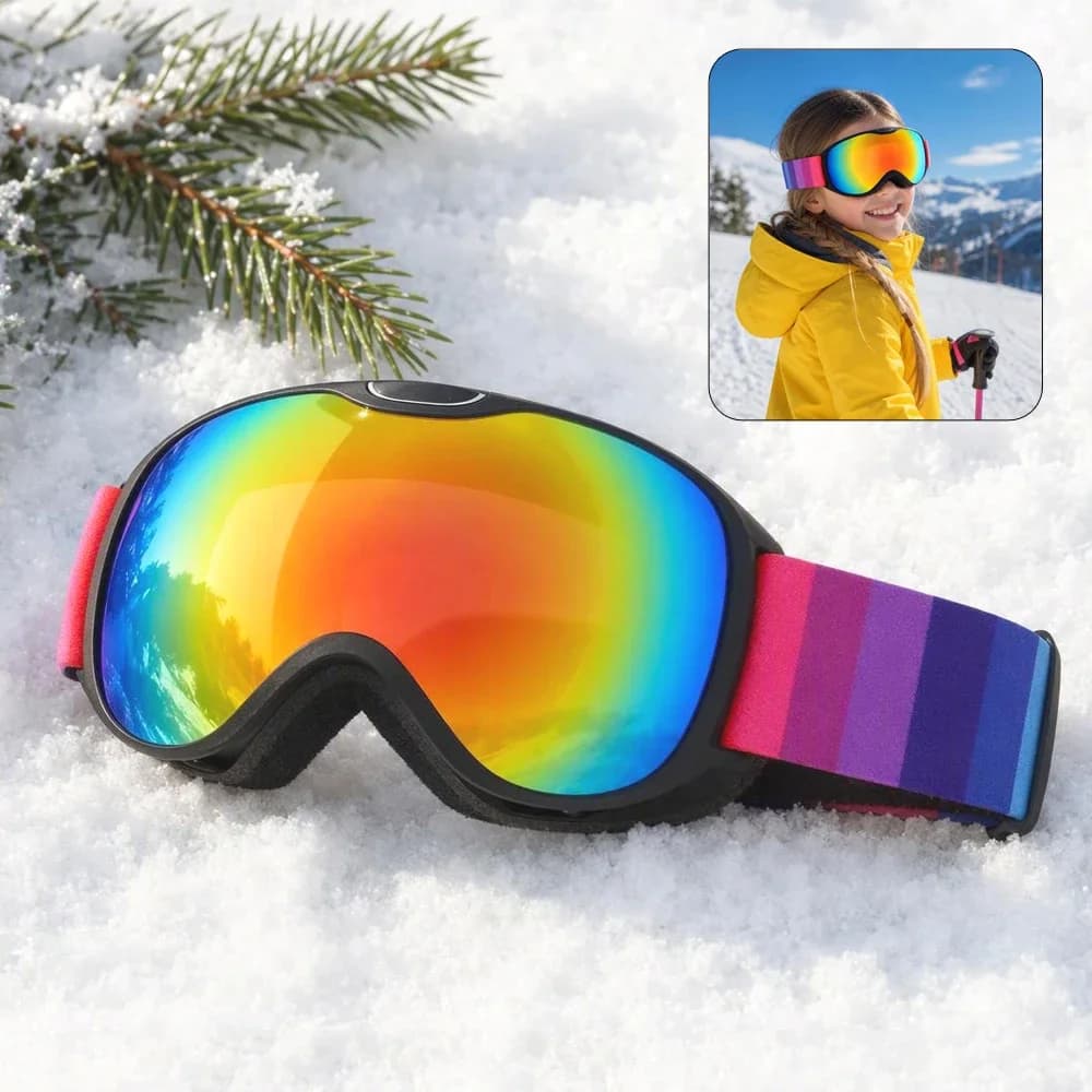 Kids Snowboard Goggles Ages 7-14 Double Layer Anti-Fog UV400 Myopia Compatible Ski Goggles for Children Snow Sports Glasses