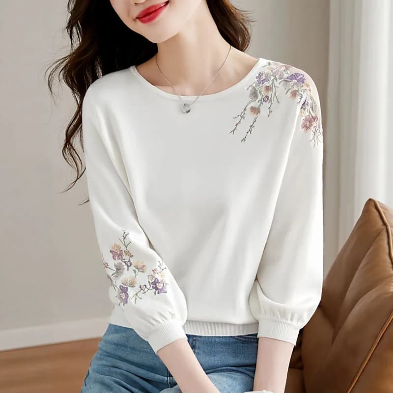 Knitwears Knitted Sweater Women Pullovers Fashion Embroidery Knit Sweater Pullover Women Tops White O-Neck Sueter Feminino Q3802