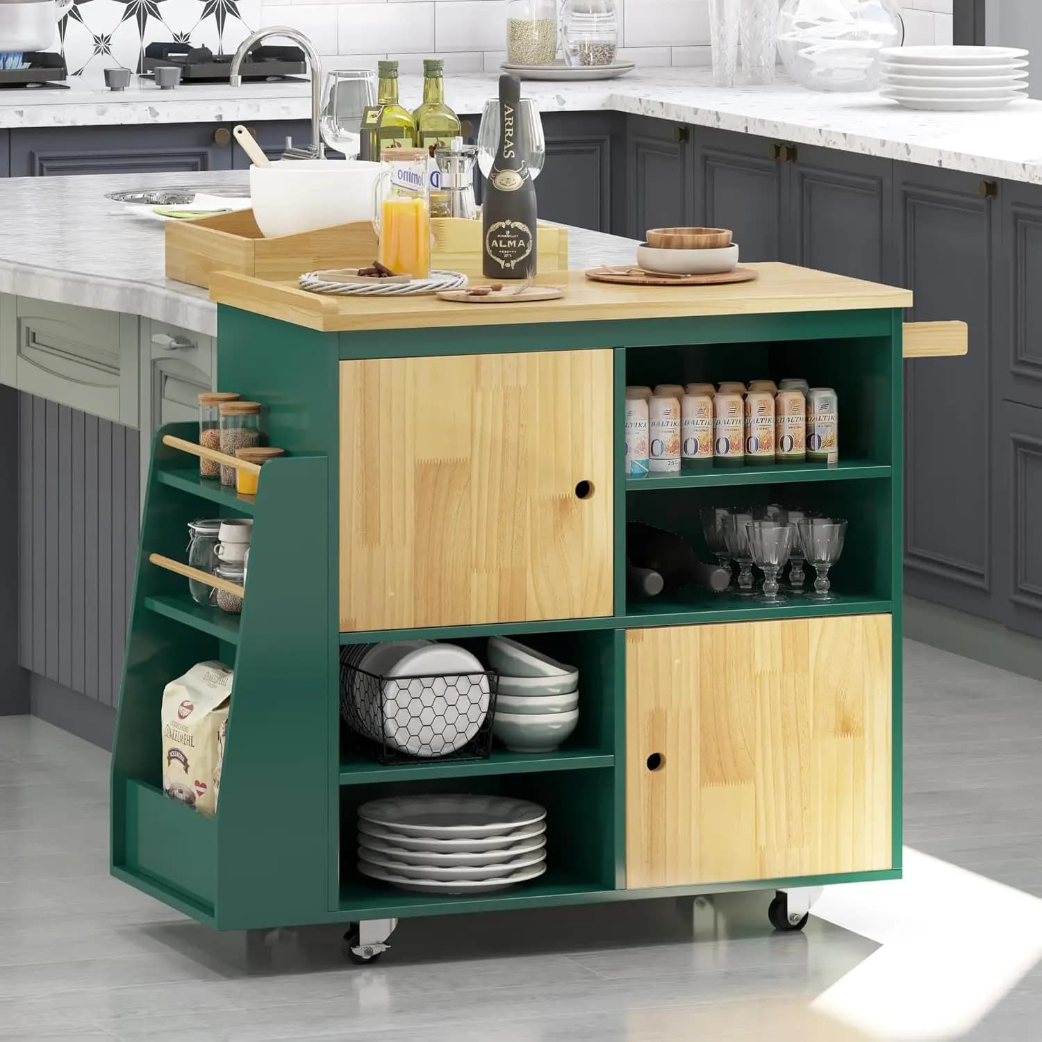 Kitchen Island Cart,Kitchen Bar&Serving Cart Rolling on Wheels with Spice Rack Towel Holder Utility Storage Trolley with Storage