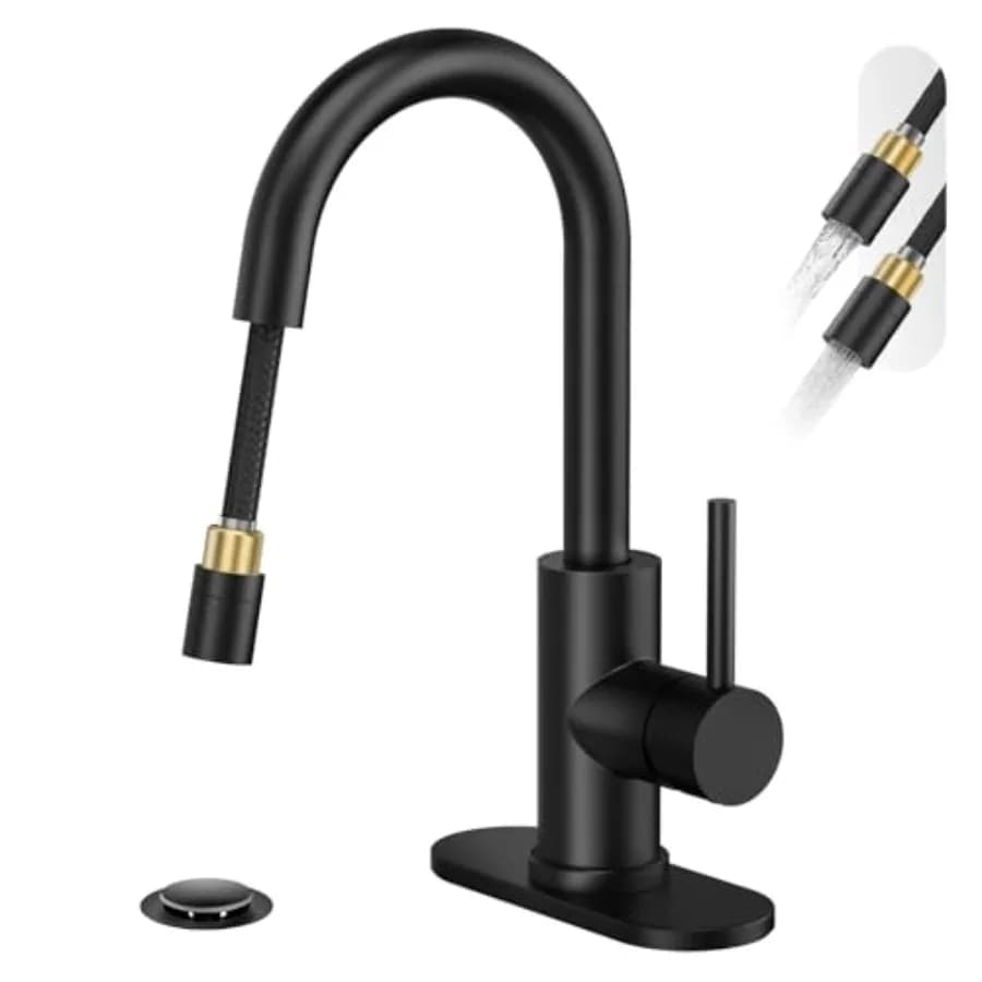 Rubinetto Alto da Bagno con Doccetta Estraibile, Monocomando Girevole, Scarico a Scomparsa, 1 o 3 Fori, 2 Modelli, per Camper, Bar, Lavanderia