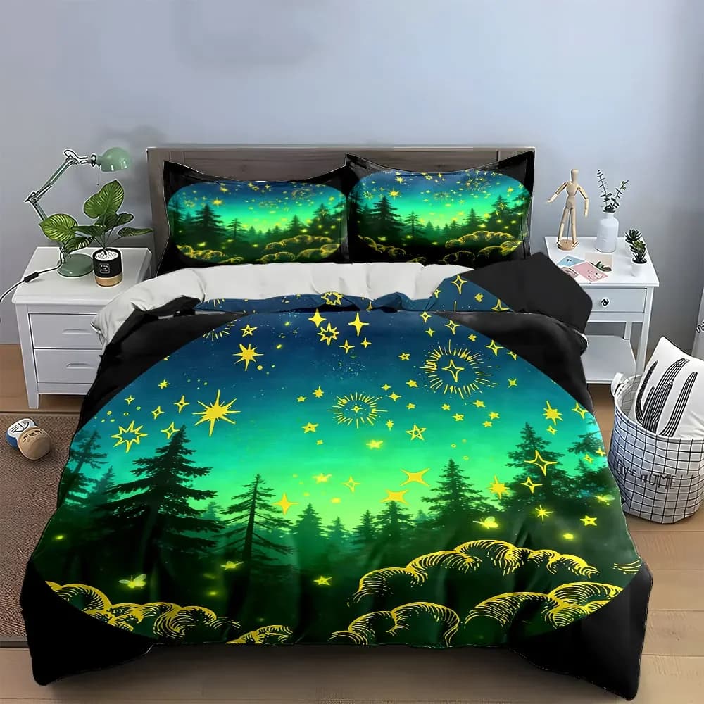 Set decorativo "Starry Night Forest Decor Set" Morbido e confortevole set di biancheria da letto con copripiumino, include 1 copripiumino e 2 federe, regalo