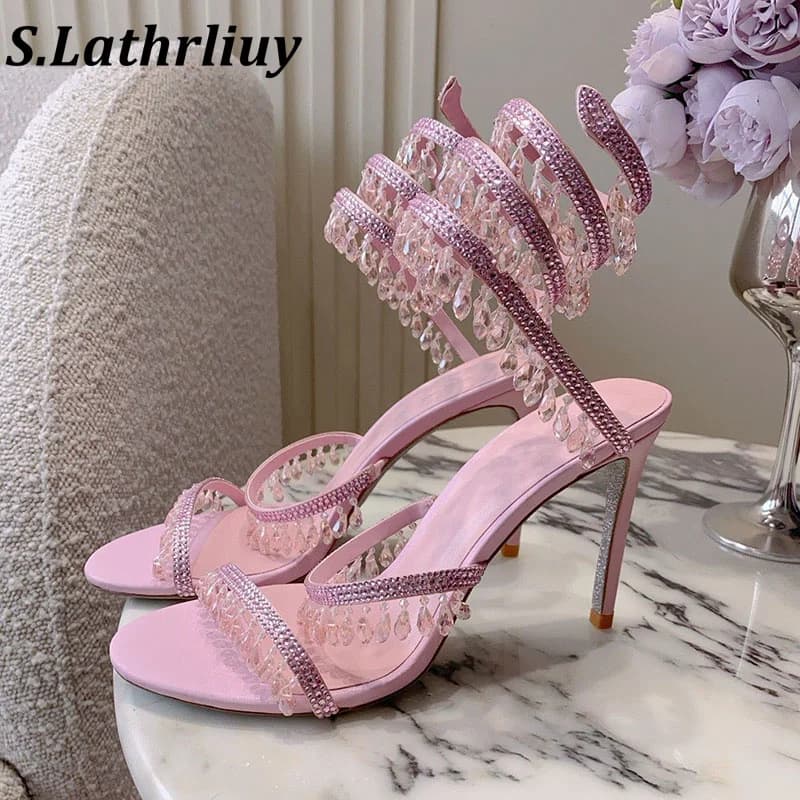 Summer 2026 Women's Water Diamond Pendant Decoration Narrow Belt Open Toe High Heel Sandals Fashion Banquet Dress Shoes Sandals